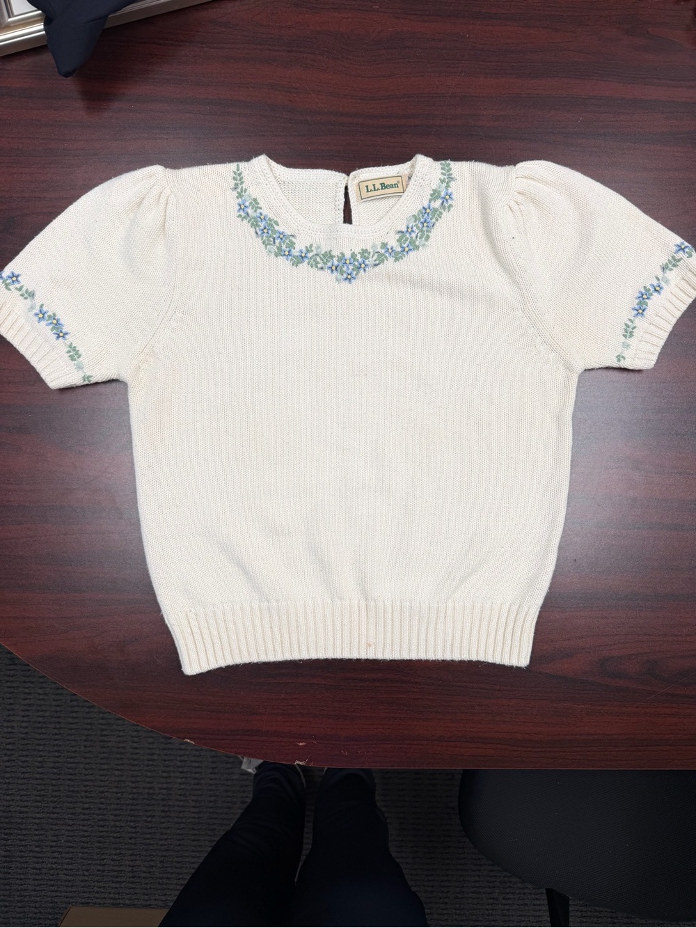 L.L. Bean Cream Short Puff-Sleeve Sweater with Blue & Green Floral Trim